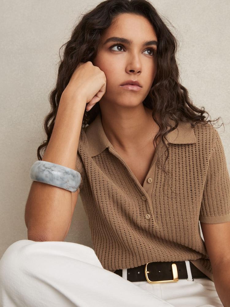 reiss Cotton-Blend Open-Knit Polo Shirt in Tan