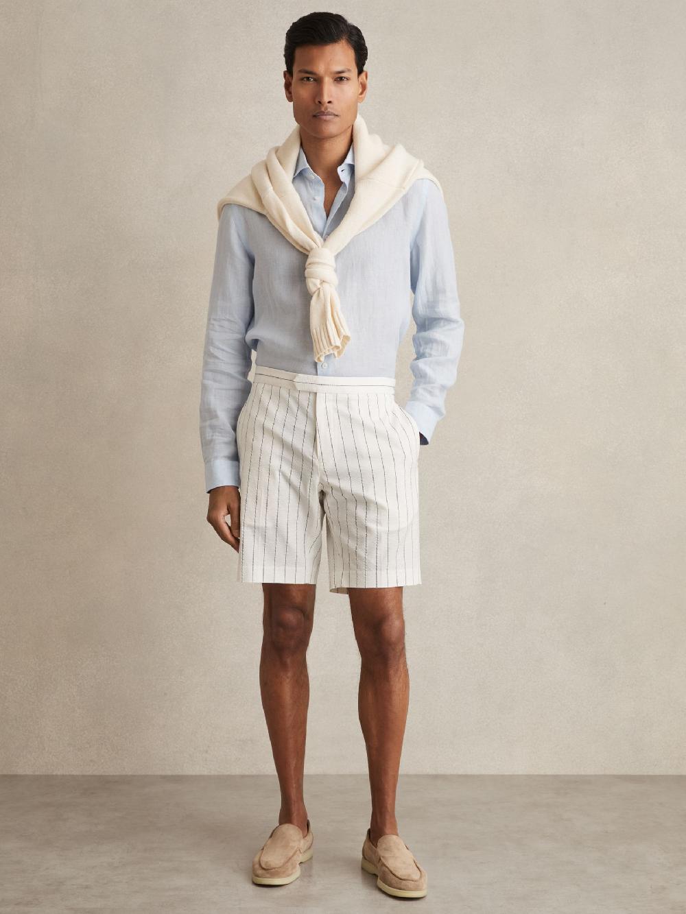 Reiss Cotton-Blend Pinstripe Shorts In White/Navy