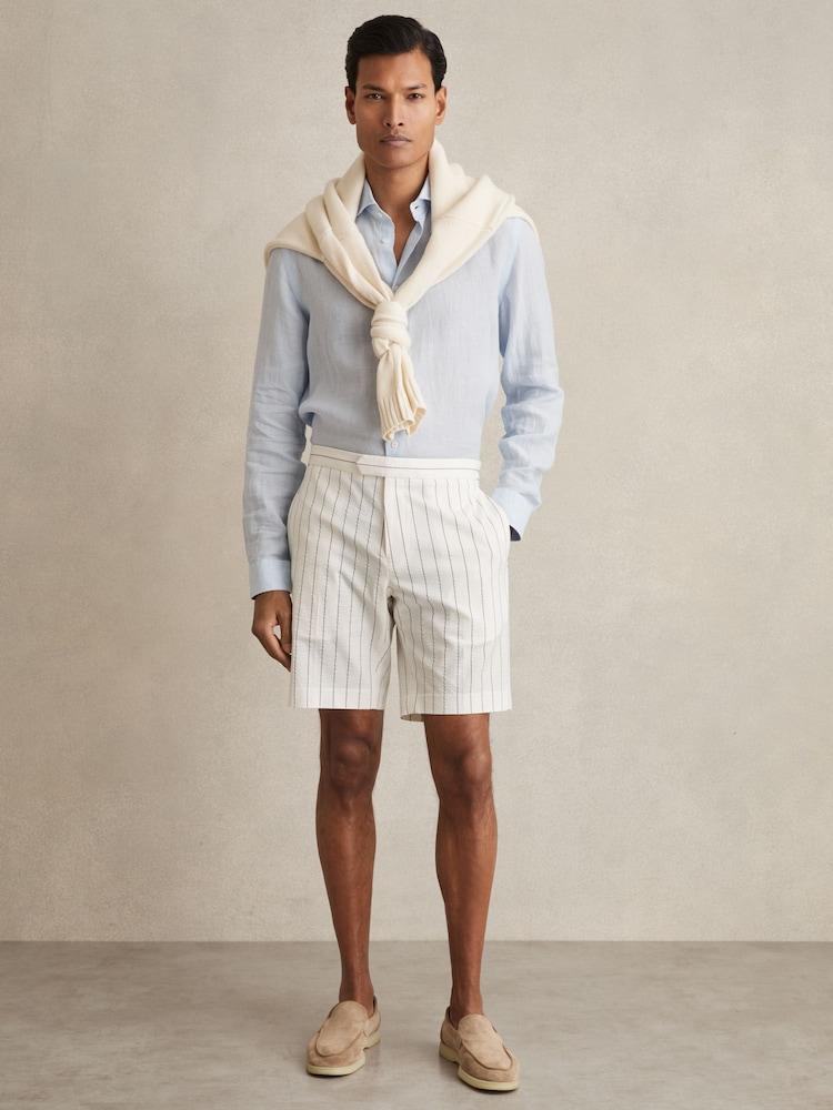 reiss Cotton-Blend Pinstripe Shorts in White/Navy