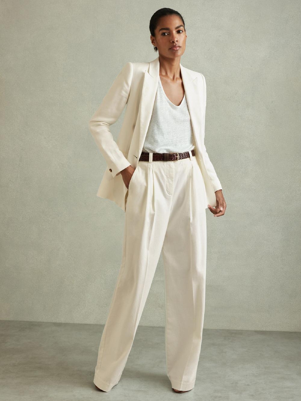 Reiss Cotton Blend Wide Leg Trousers In White