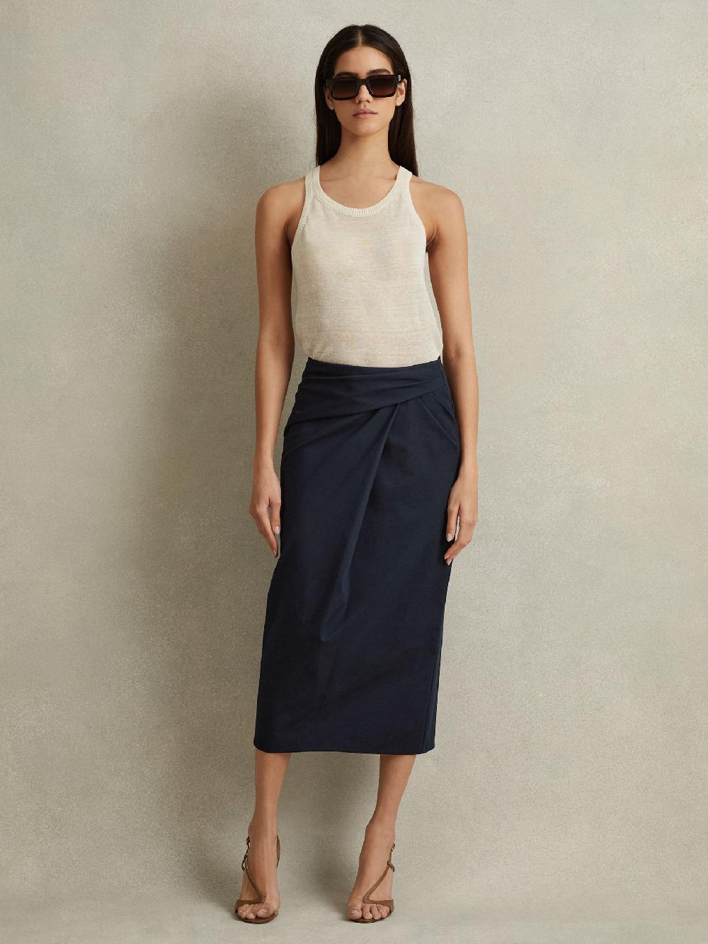 Reiss Cotton Blend Wrap Front Midi Skirt In Navy