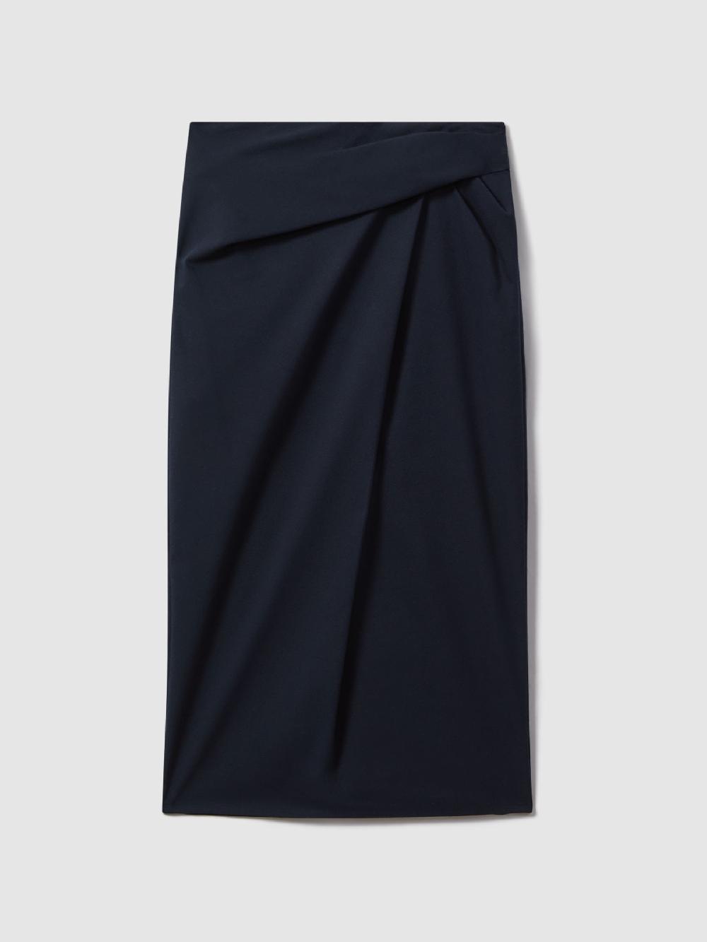 Reiss Cotton Blend Wrap Front Midi Skirt In Navy