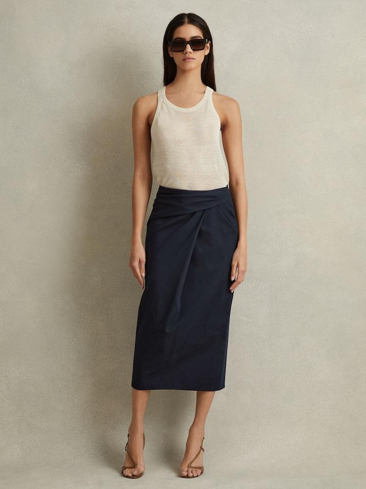 reiss Cotton Blend Wrap Front Midi Skirt in Navy