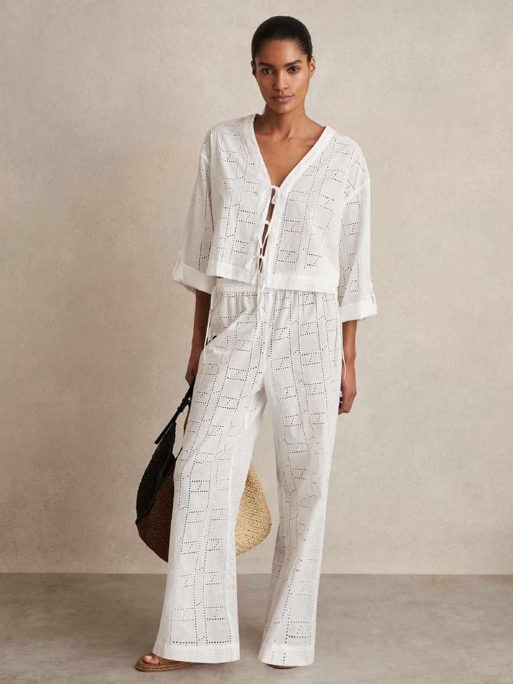 Reiss Cotton Broderie Tie-Front Top In White