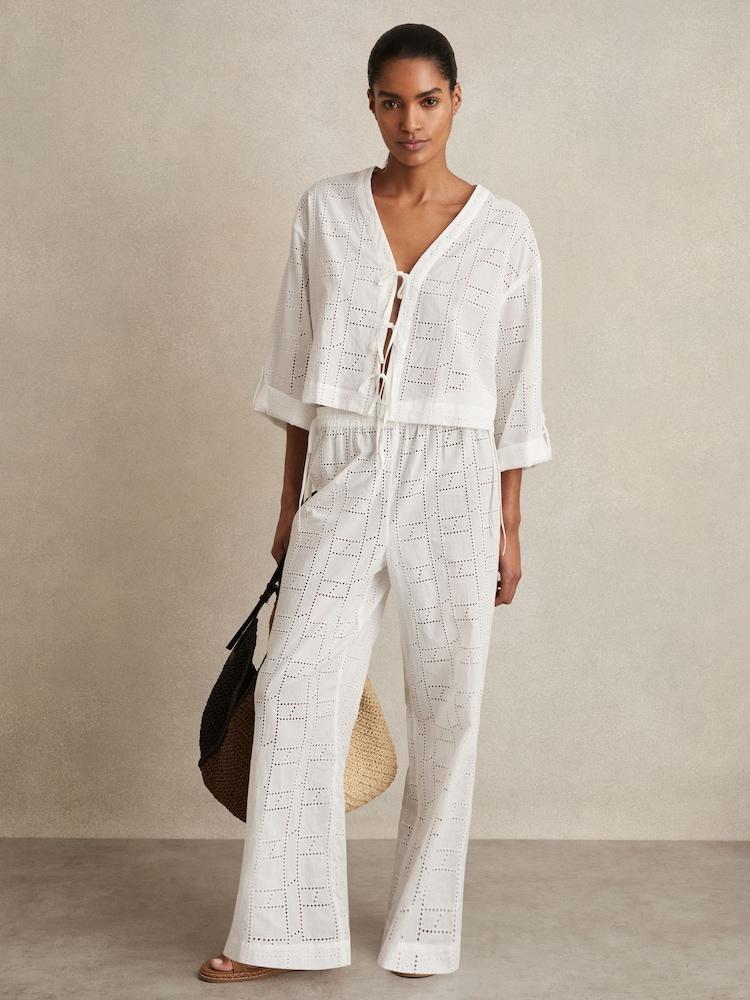 reiss Cotton Broderie Tie-Front Top in White