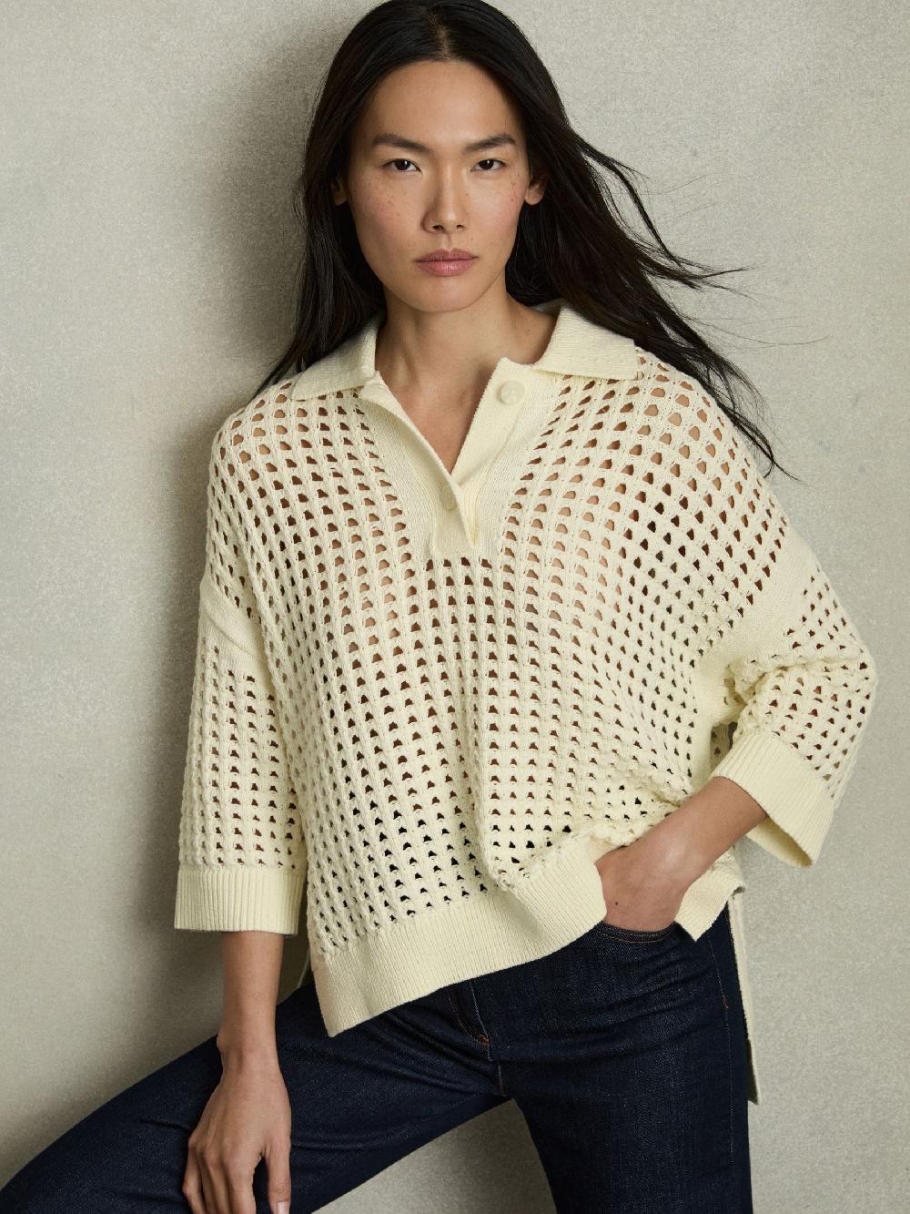 Reiss Cotton Crochet Collared Jumper In Buttermilk