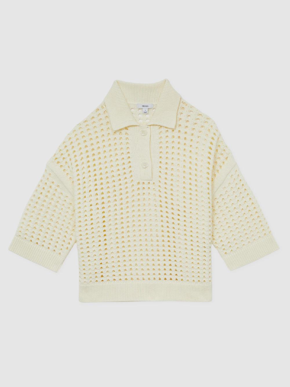 Reiss Cotton Crochet Collared Jumper In Buttermilk