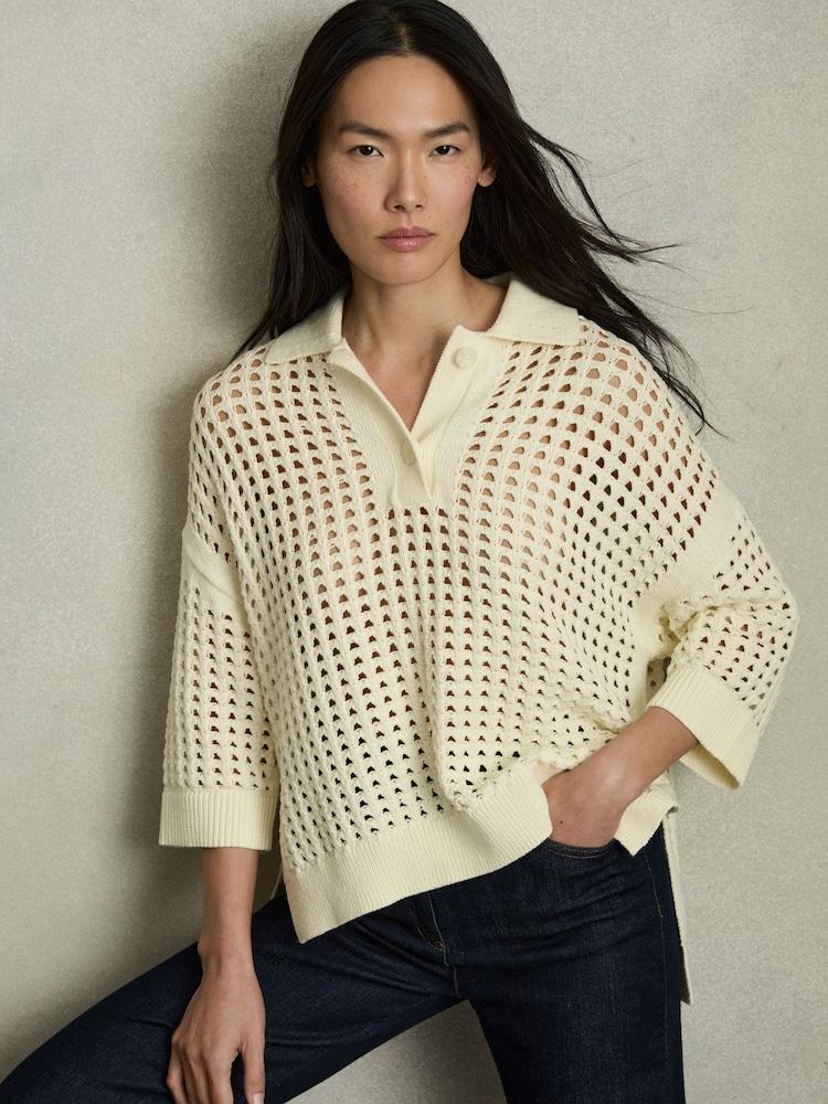 reiss Cotton Crochet Collared Jumper in Buttermilk