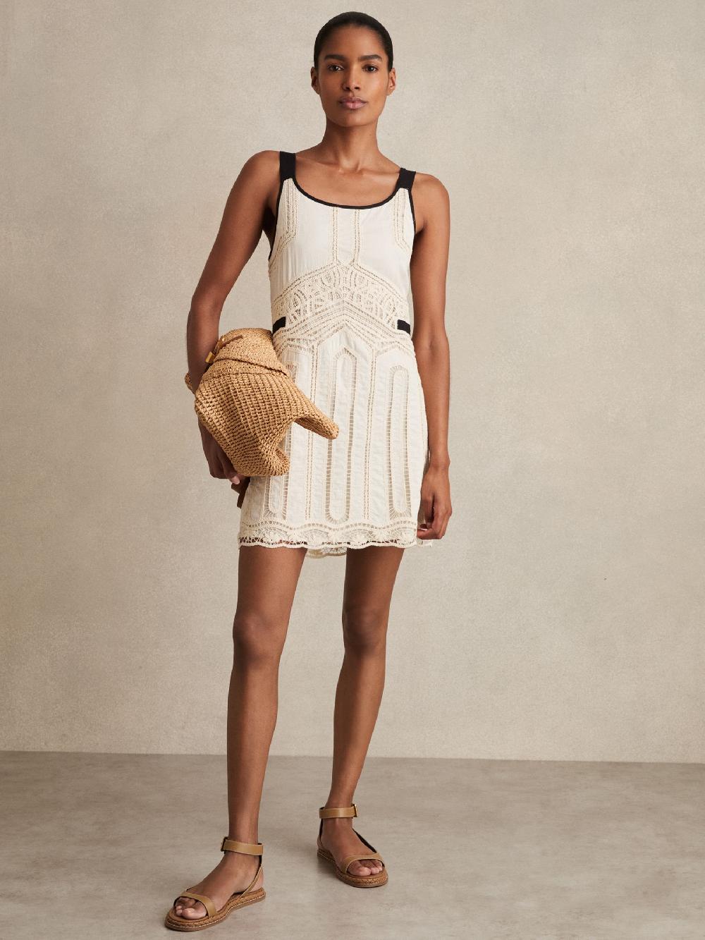 Reiss Cotton Crochet-Detail Mini Dress In Cream