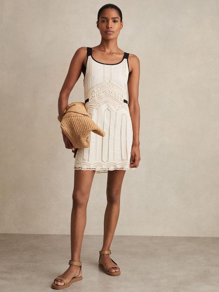 reiss Cotton Crochet-Detail Mini Dress in Cream