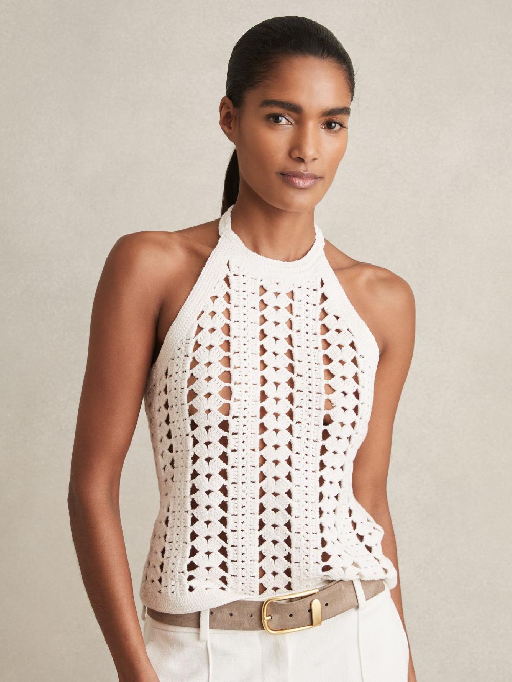 Reiss Cotton Crochet Halterneck Vest Top In White