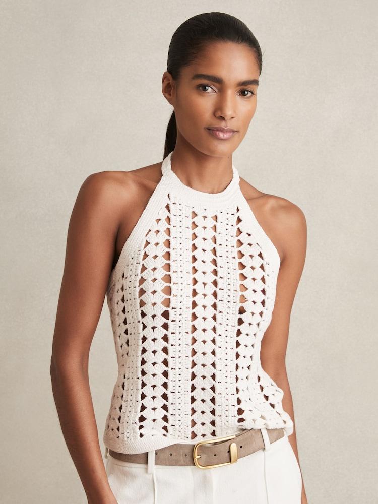 reiss Cotton Crochet Halterneck Vest Top in White