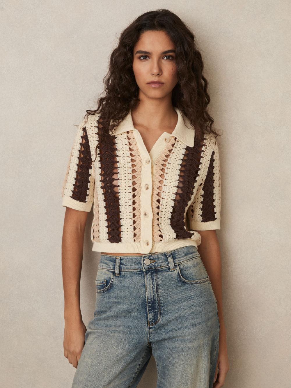Reiss Cotton Crochet Striped Shirt In Cream/Brown