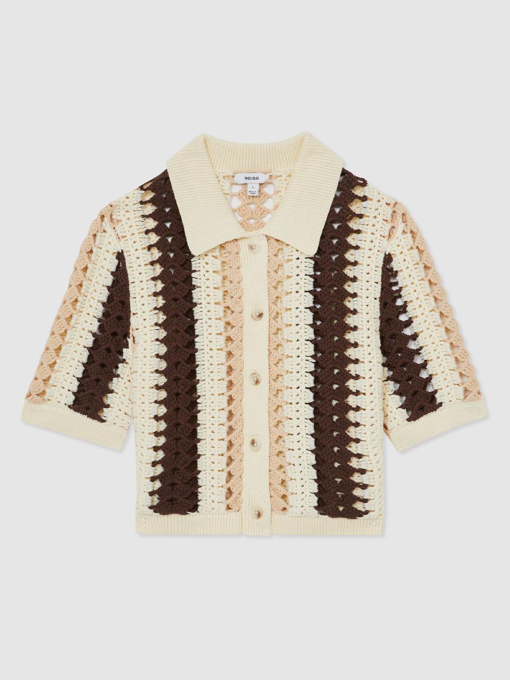 Reiss Cotton Crochet Striped Shirt In Cream/Brown