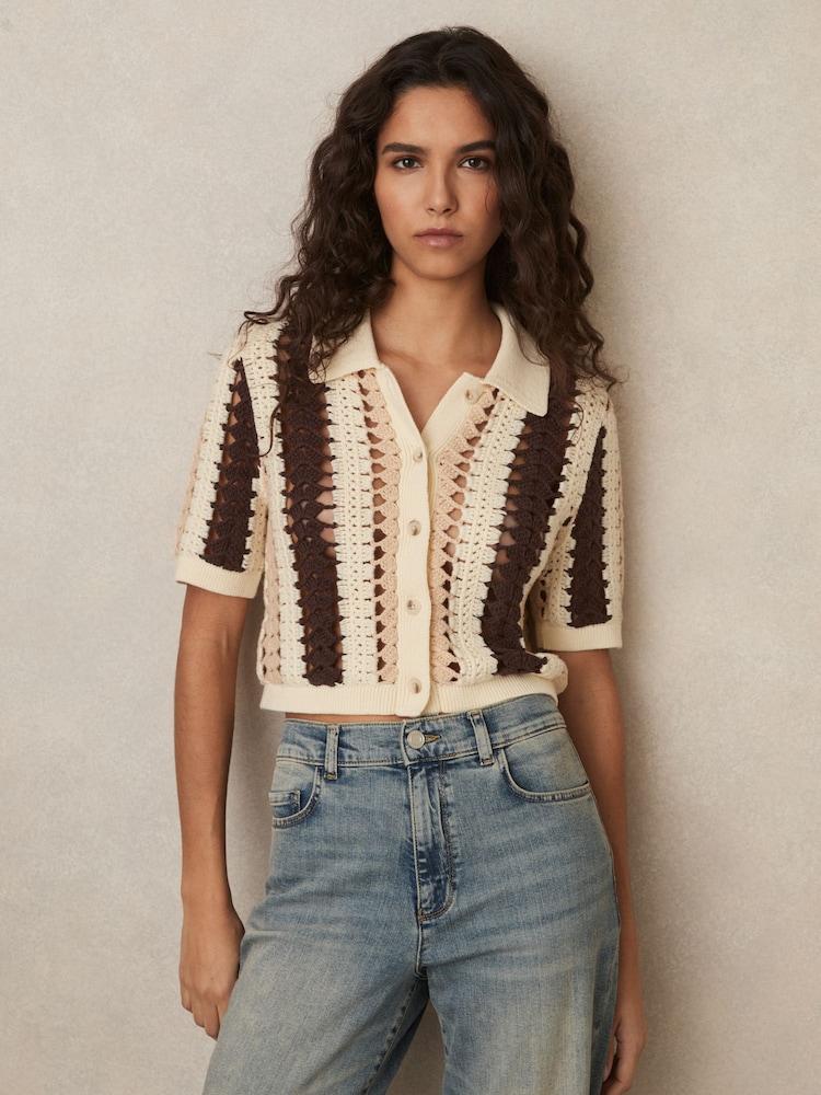reiss Cotton Crochet Striped Shirt in Cream/Brown