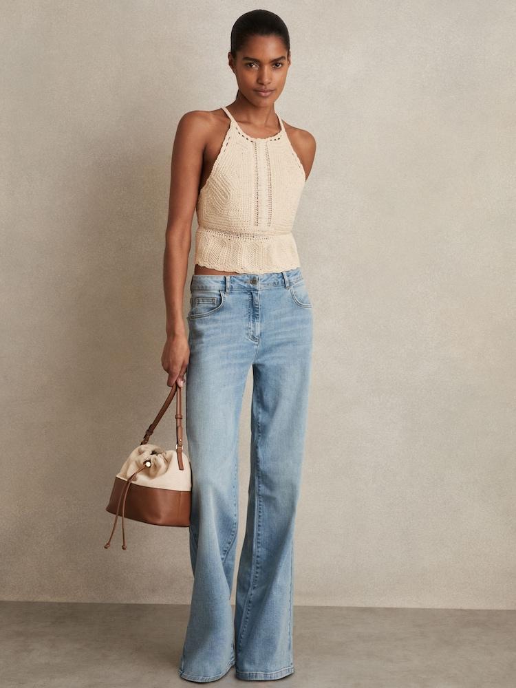 reiss Cotton Crochet Tie-Back Cropped Top in Cream