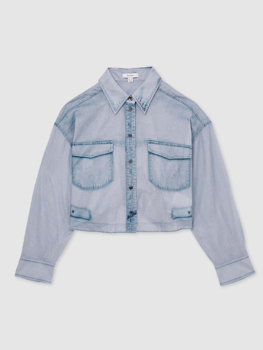 Reiss Cotton Denim-Print Cropped Shirt In Blue
