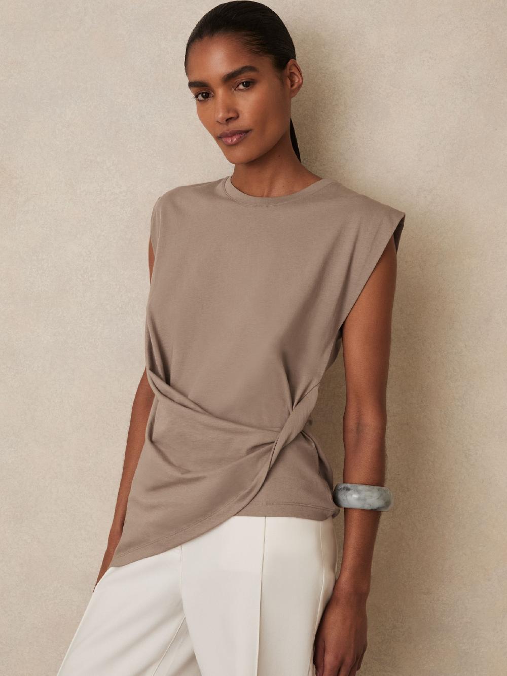 Reiss Cotton Drape T-Shirt In Taupe Neutral