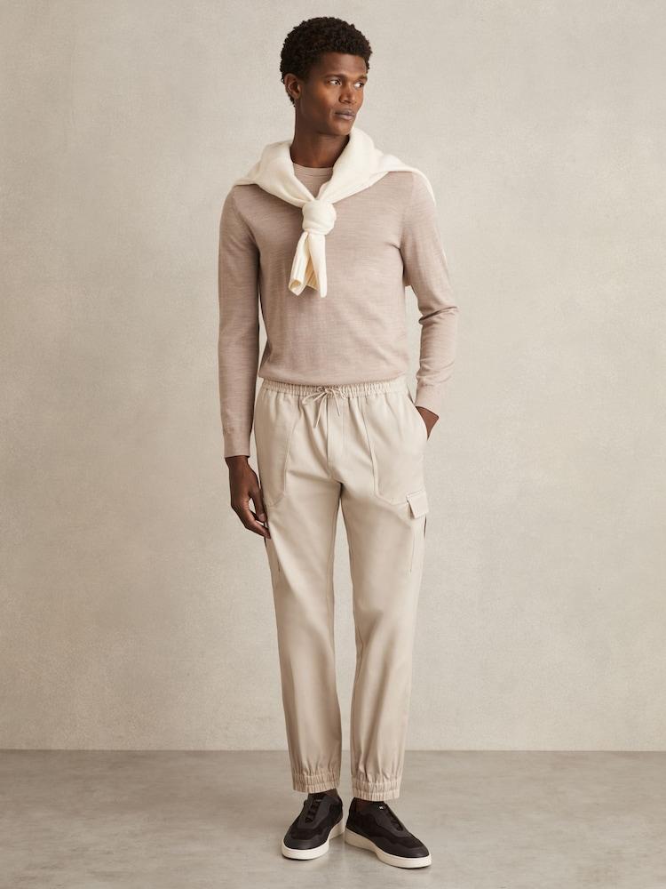 reiss Cotton Drawstring Cargo Trousers in Stone