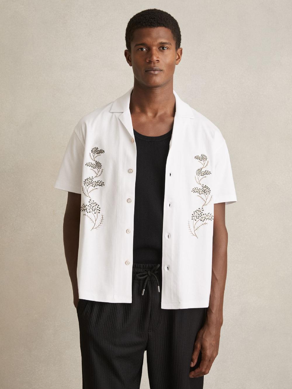 Reiss Cotton Floral Embroidered Shirt In White