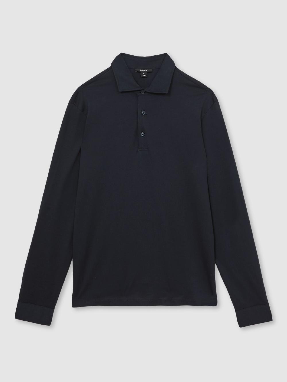 Reiss Cotton-Jersey Long Sleeve Polo Shirt In Navy