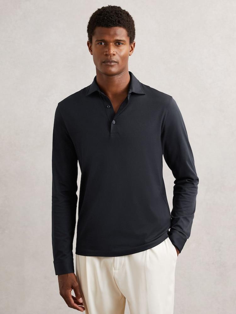 reiss Cotton-Jersey Long Sleeve Polo Shirt in Navy