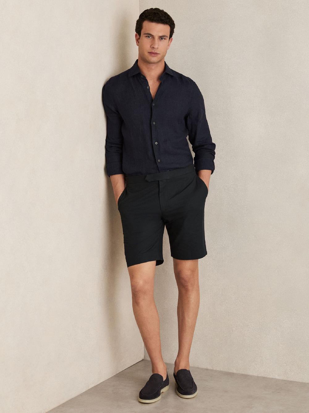 Reiss Cotton-Linen Tailored Shorts In Navy