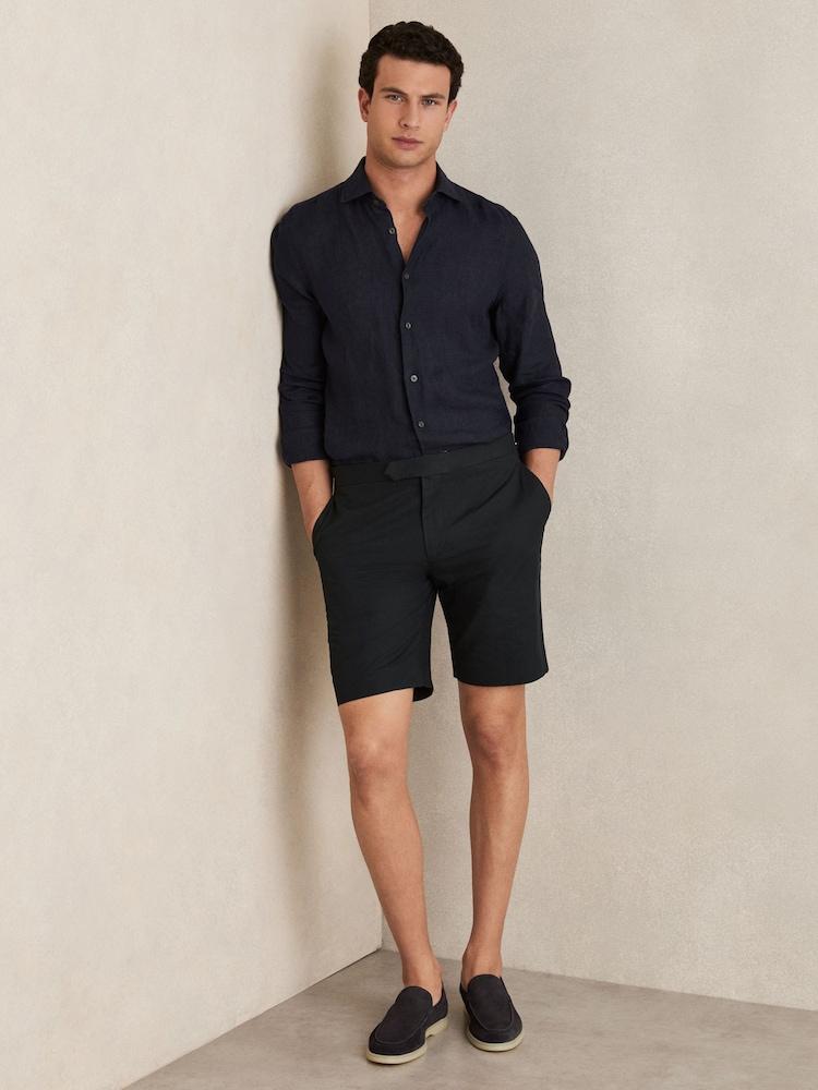 reiss Cotton-Linen Tailored Shorts in Navy
