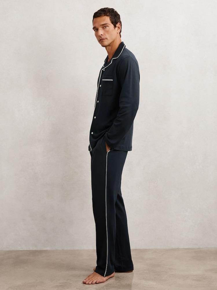 reiss Cotton Piped Pyjamas Set in Navy