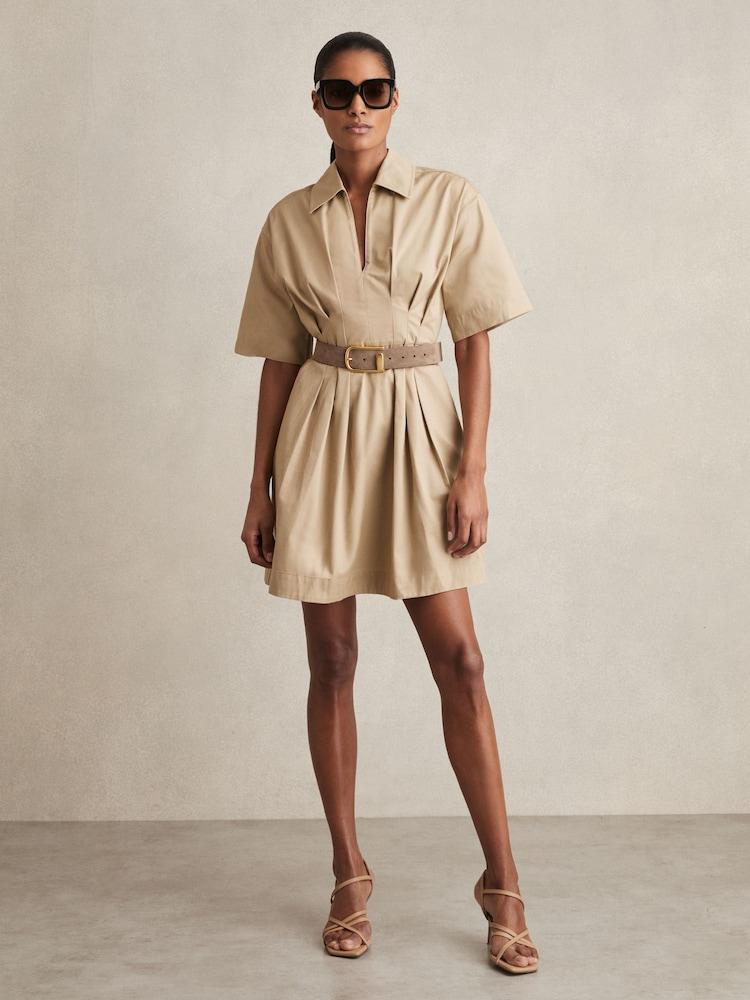 reiss Cotton Pleated Shirt Dress in Neutral
