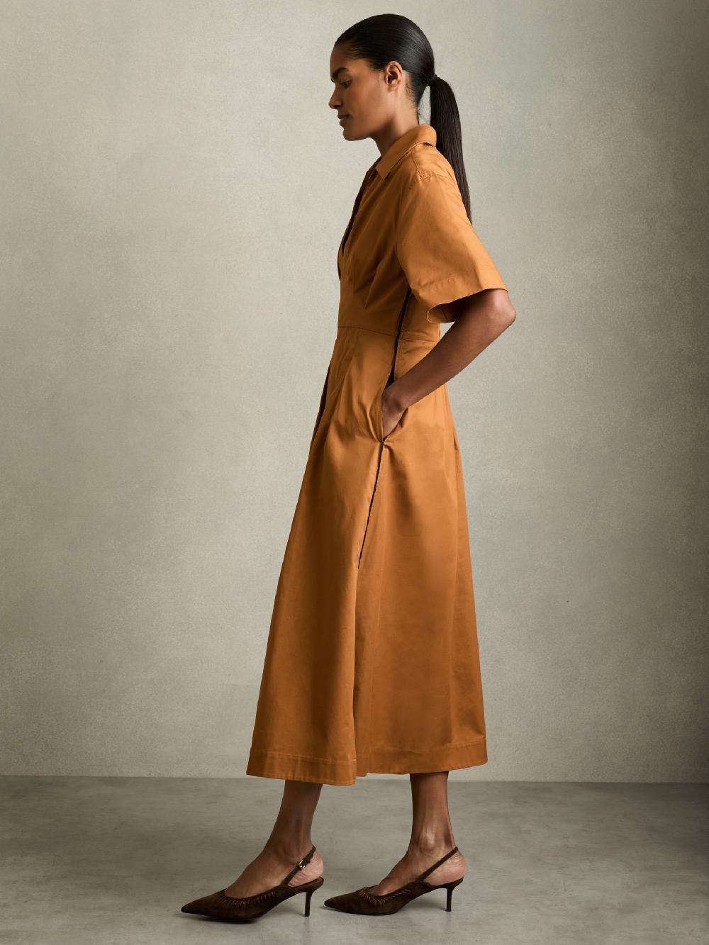 Reiss Cotton Pleated-Waist Midi Dress In Rust