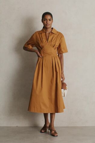 Reiss Cotton Pleated-Waist Midi Dress In Rust