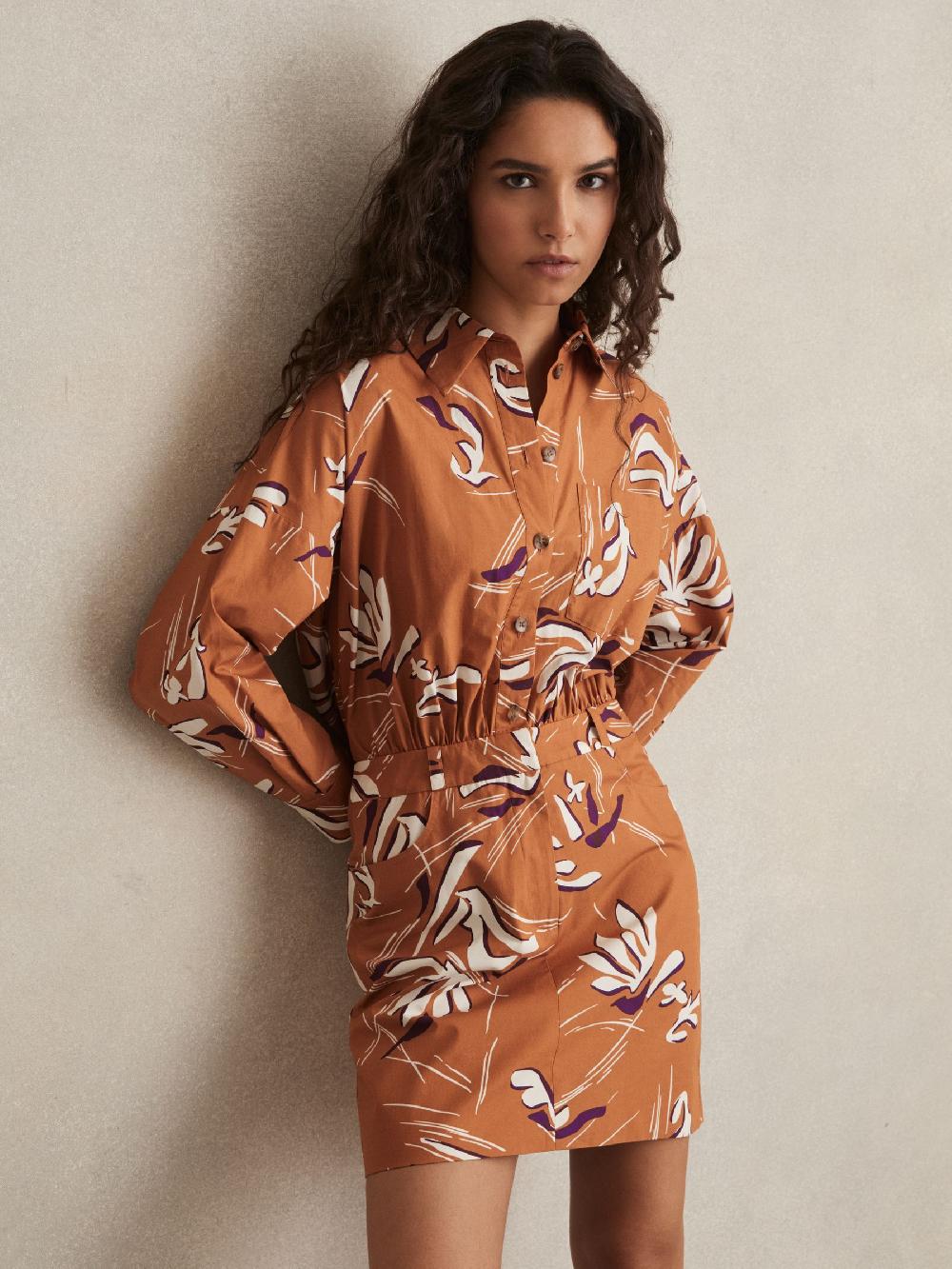 Reiss Cotton Printed Shirt Dress In Rust