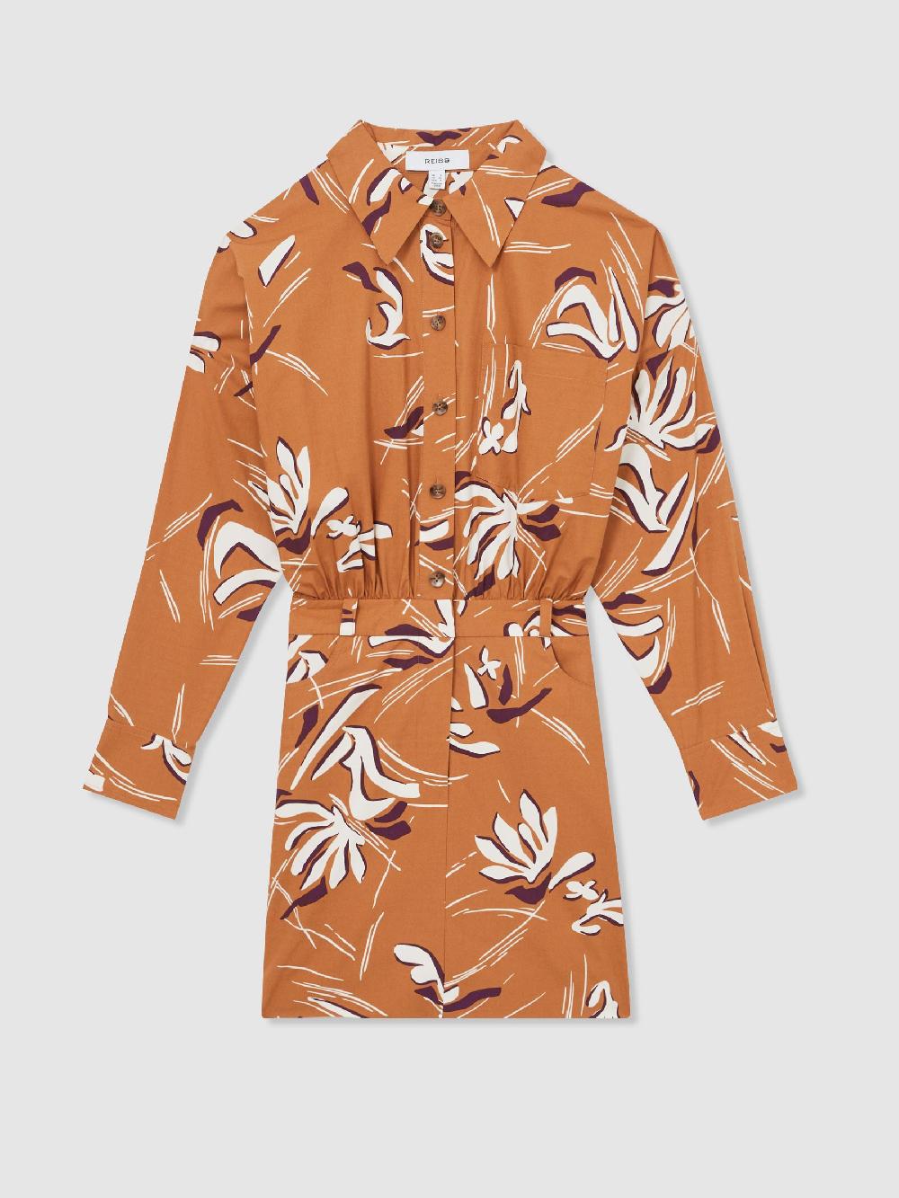 Reiss Cotton Printed Shirt Dress In Rust