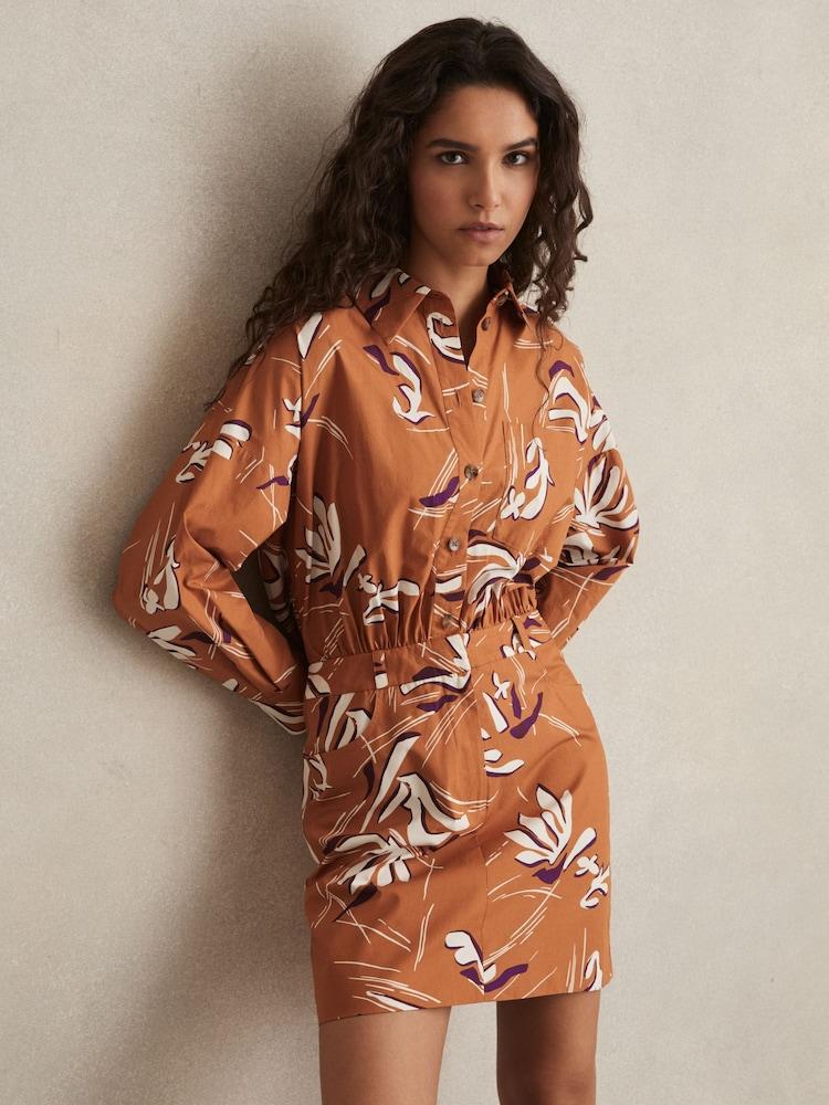 reiss Cotton Printed Shirt Dress in Rust