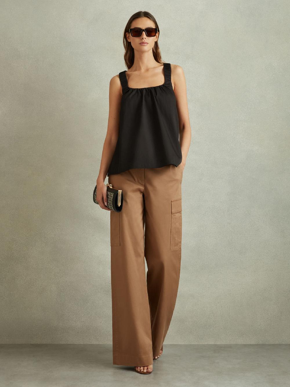 Reiss Cotton Ruched Strap Top In Black