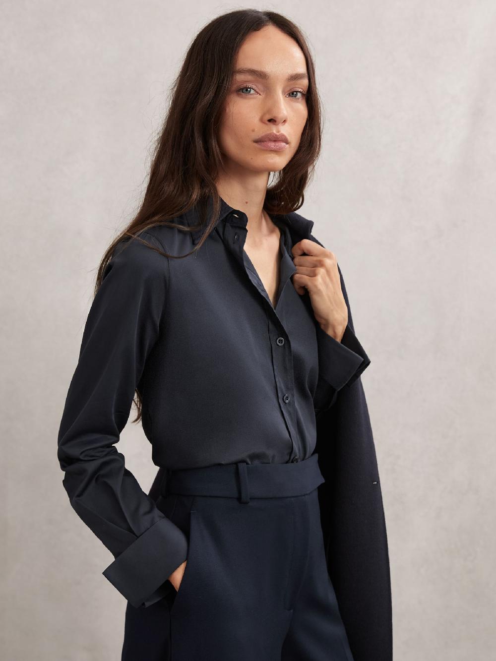 Reiss Cotton-Sateen Folded-Cuff Shirt In Navy