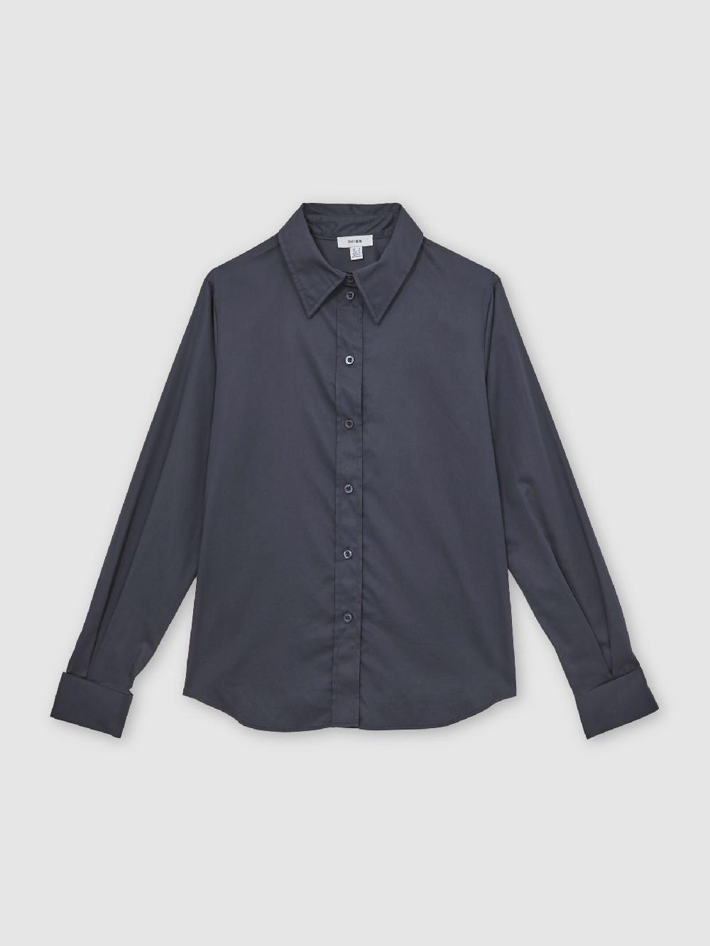 Reiss Cotton-Sateen Folded-Cuff Shirt In Navy