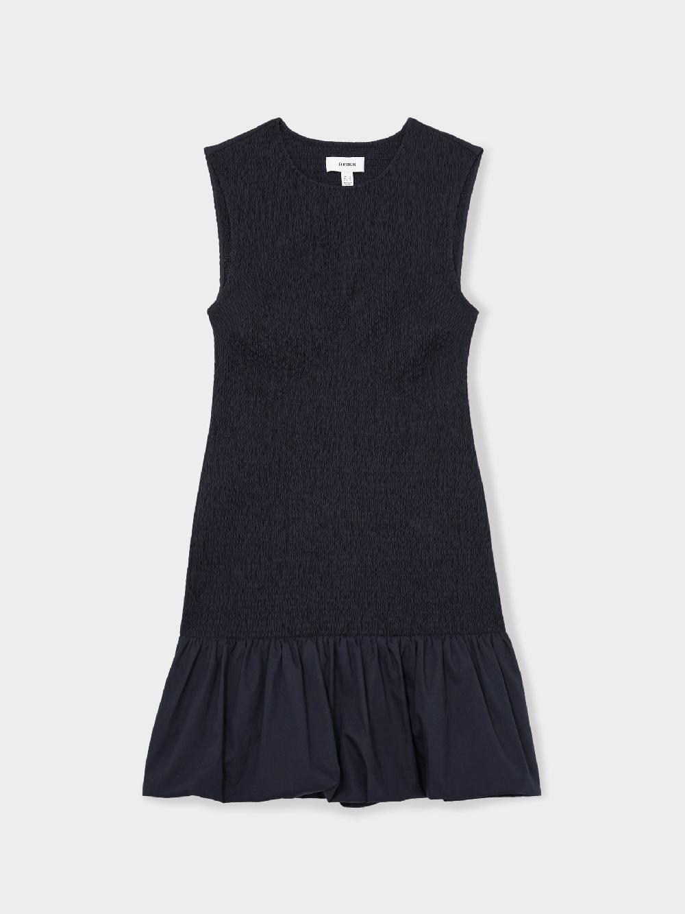 Reiss Cotton Shirred Bubble-Hem Mini Dress In Navy