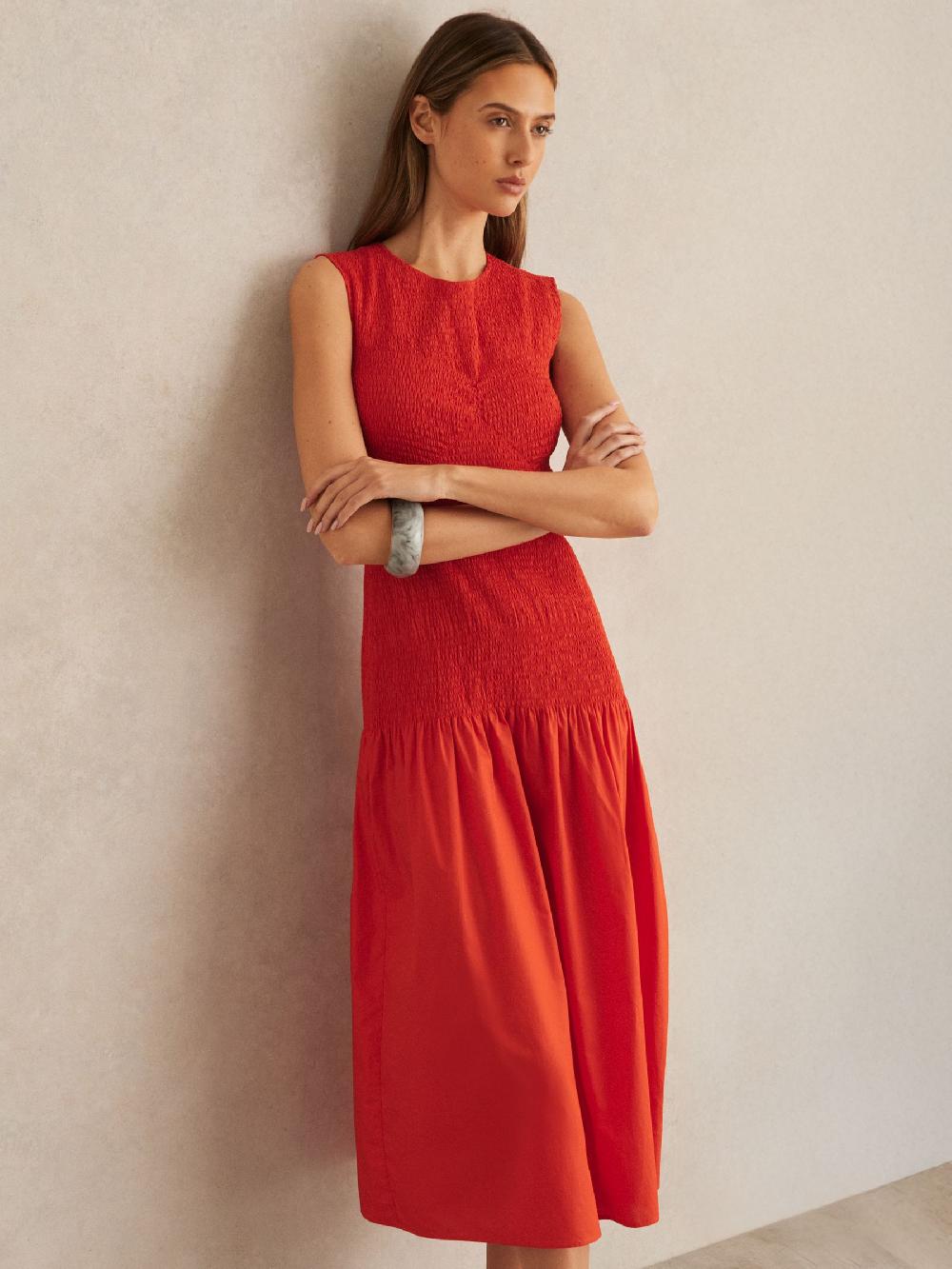 Reiss Cotton Shirred Midi Dress In Red