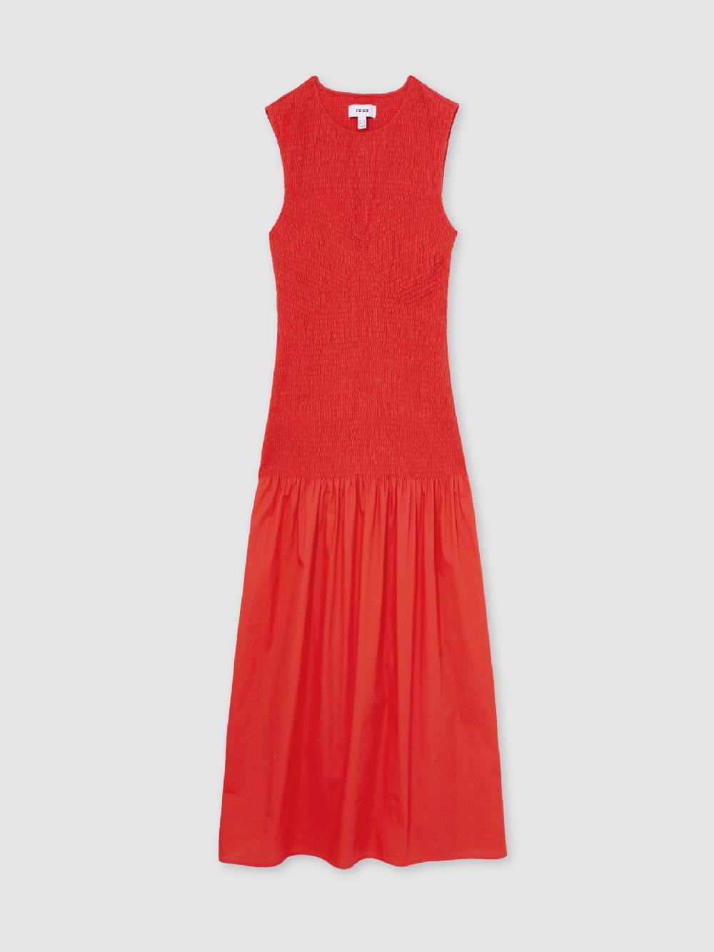 Reiss Cotton Shirred Midi Dress In Red