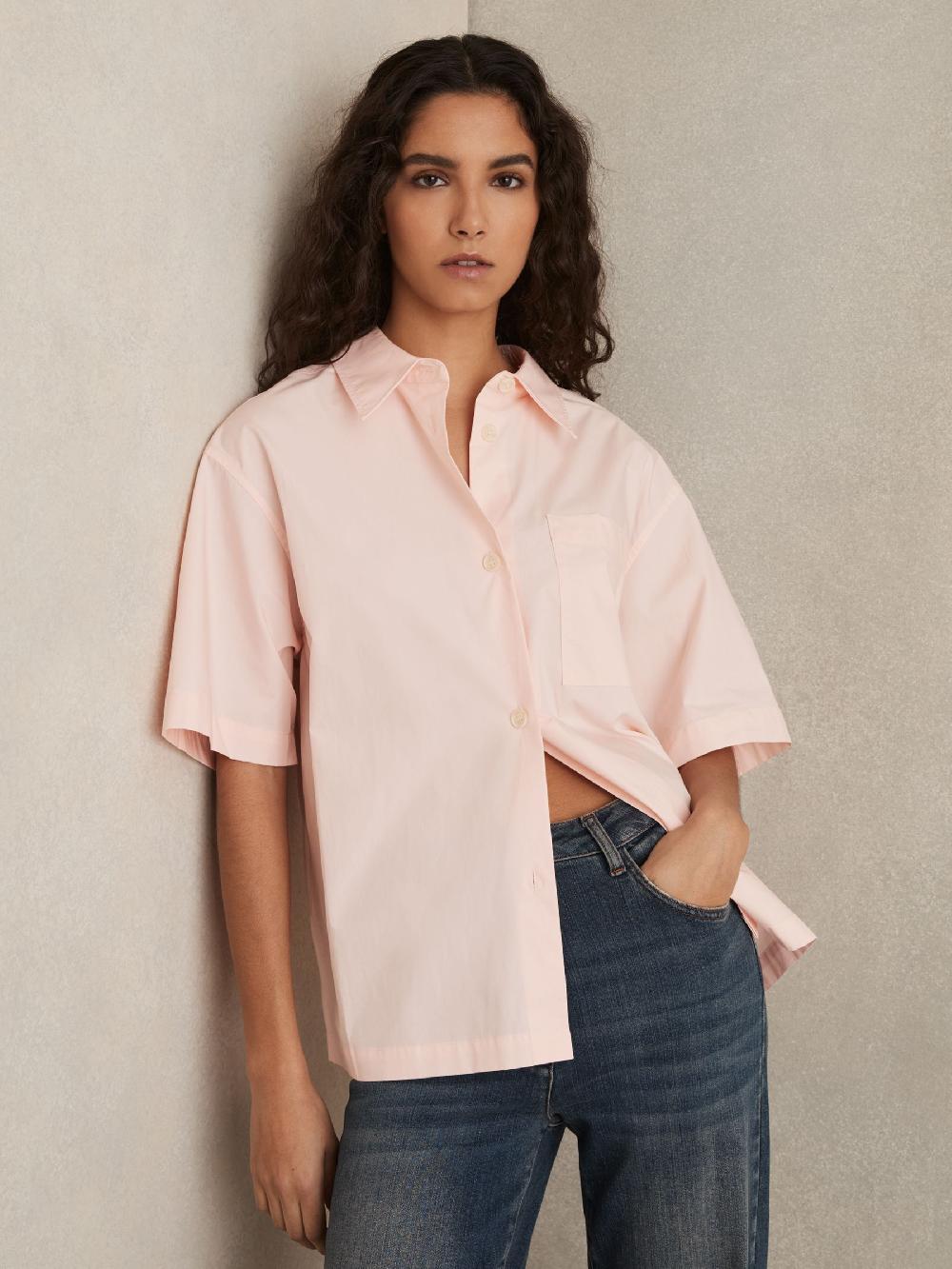 Reiss Cotton Short-Sleeve Shirt In Coral