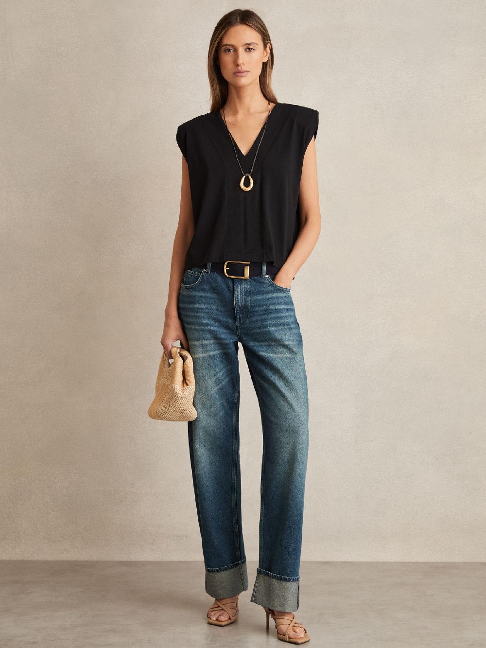 Reiss Cotton Shoulder-Pad V-Neck Top In Black