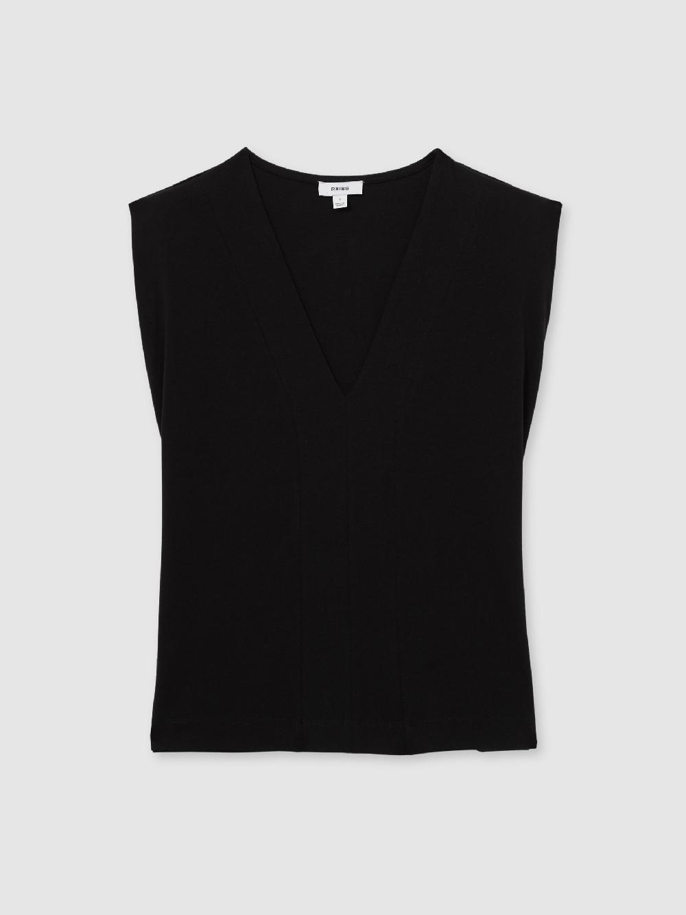 Reiss Cotton Shoulder-Pad V-Neck Top In Black