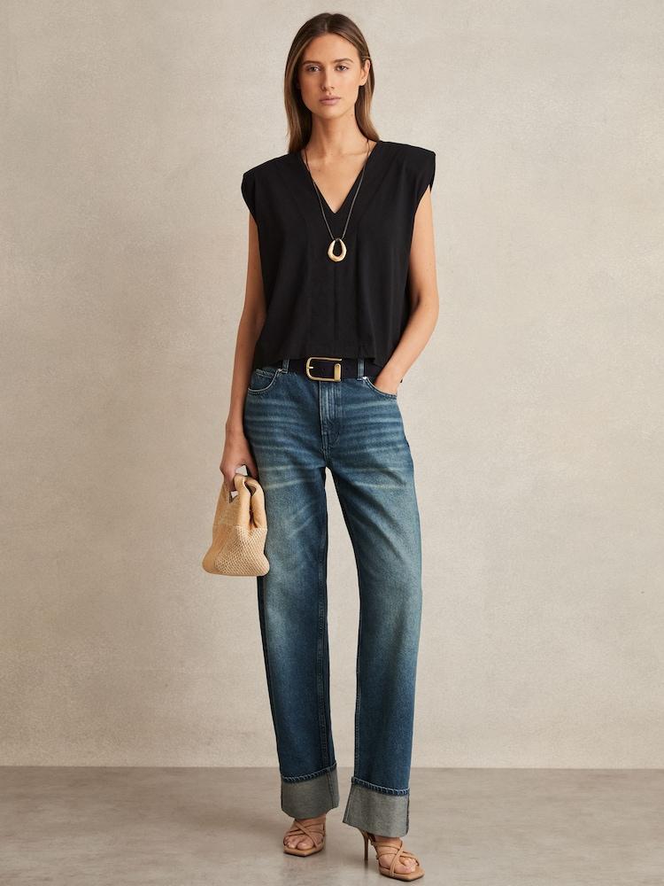 reiss Cotton Shoulder-Pad V-Neck Top in Black