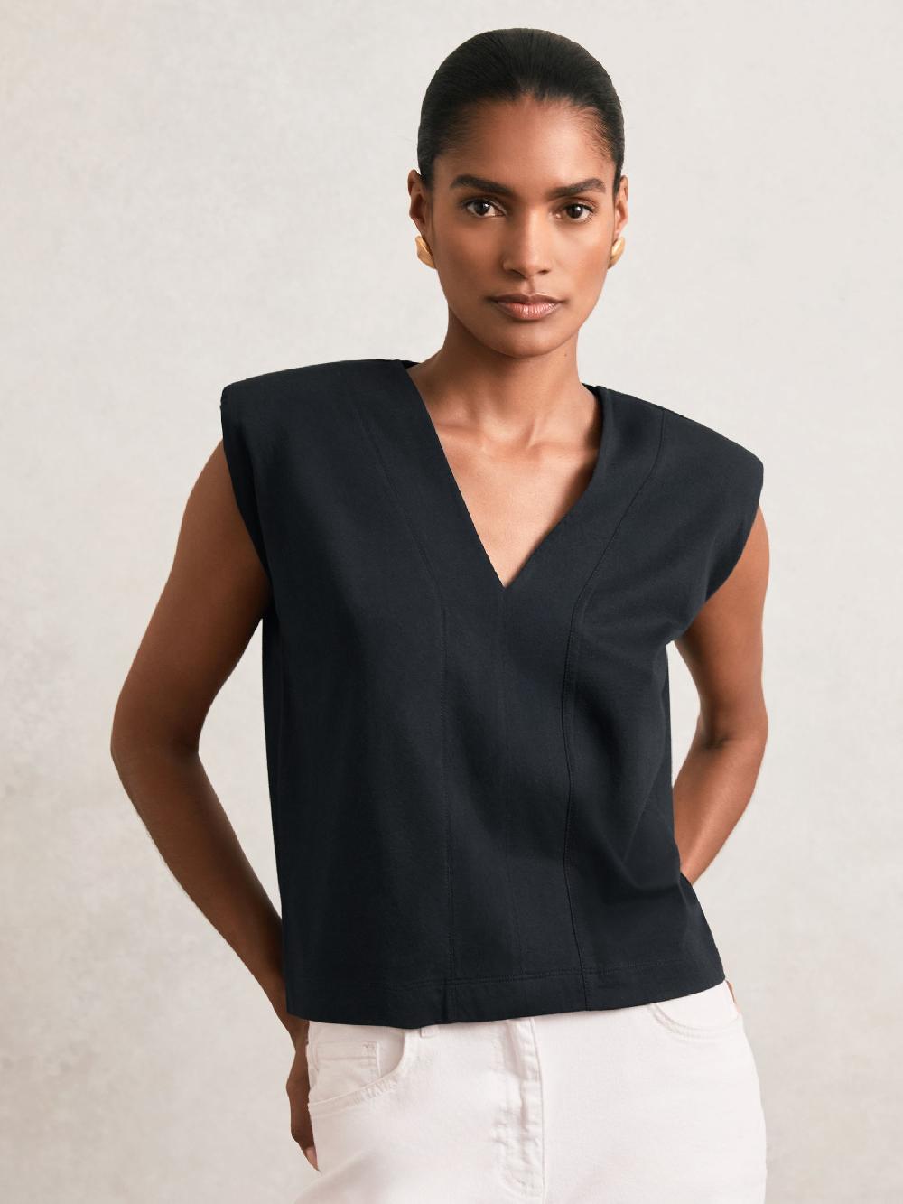 Reiss Cotton Shoulder-Pad V-Neck Top In Navy