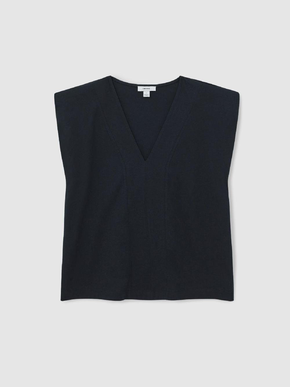 Reiss Cotton Shoulder-Pad V-Neck Top In Navy