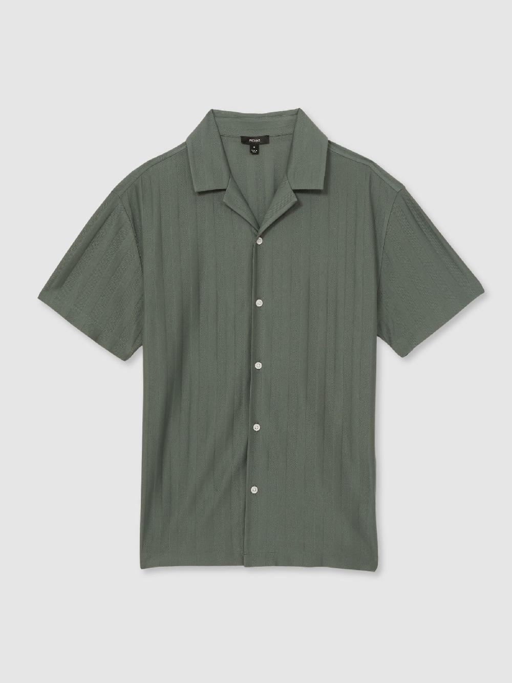 Reiss Cotton Textured Cuban-Collar Shirt In Sage