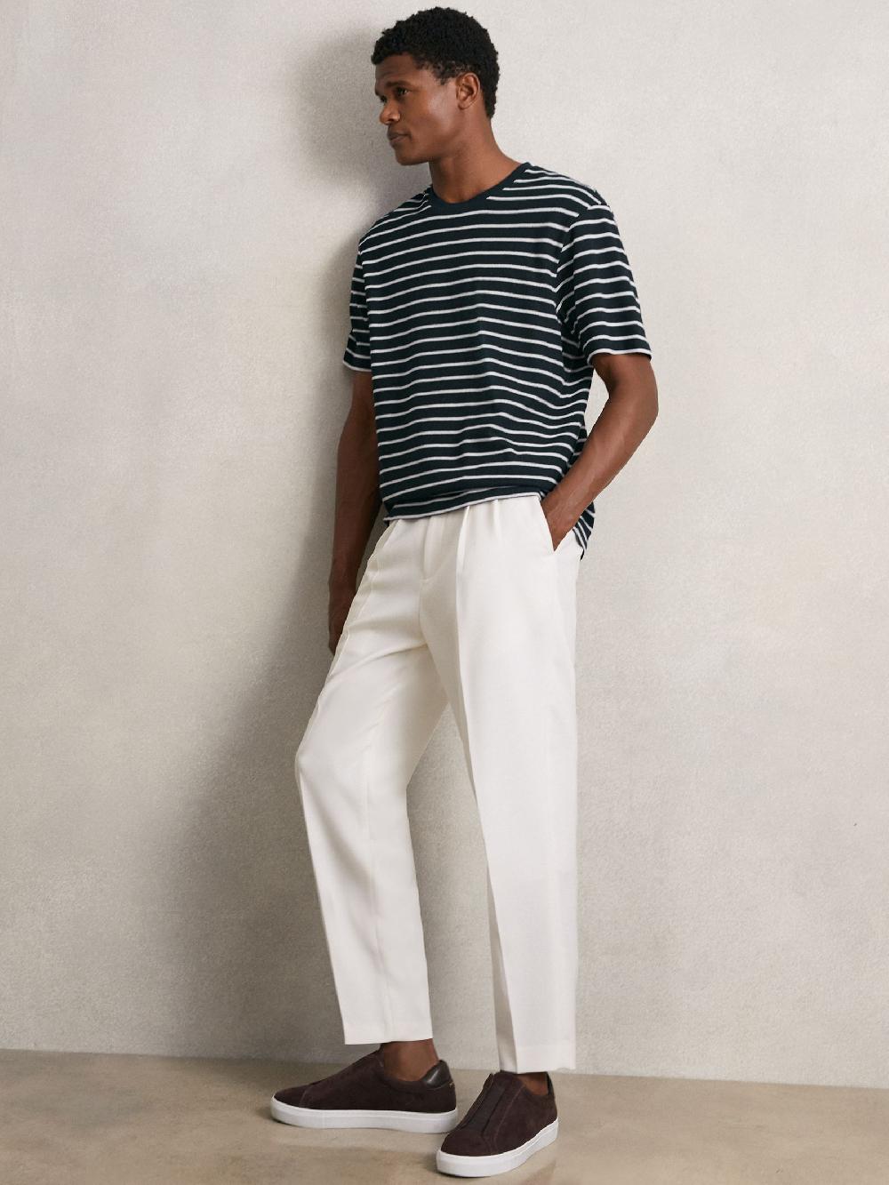 Reiss Cotton Textured Stripe T-Shirt In White/Navy