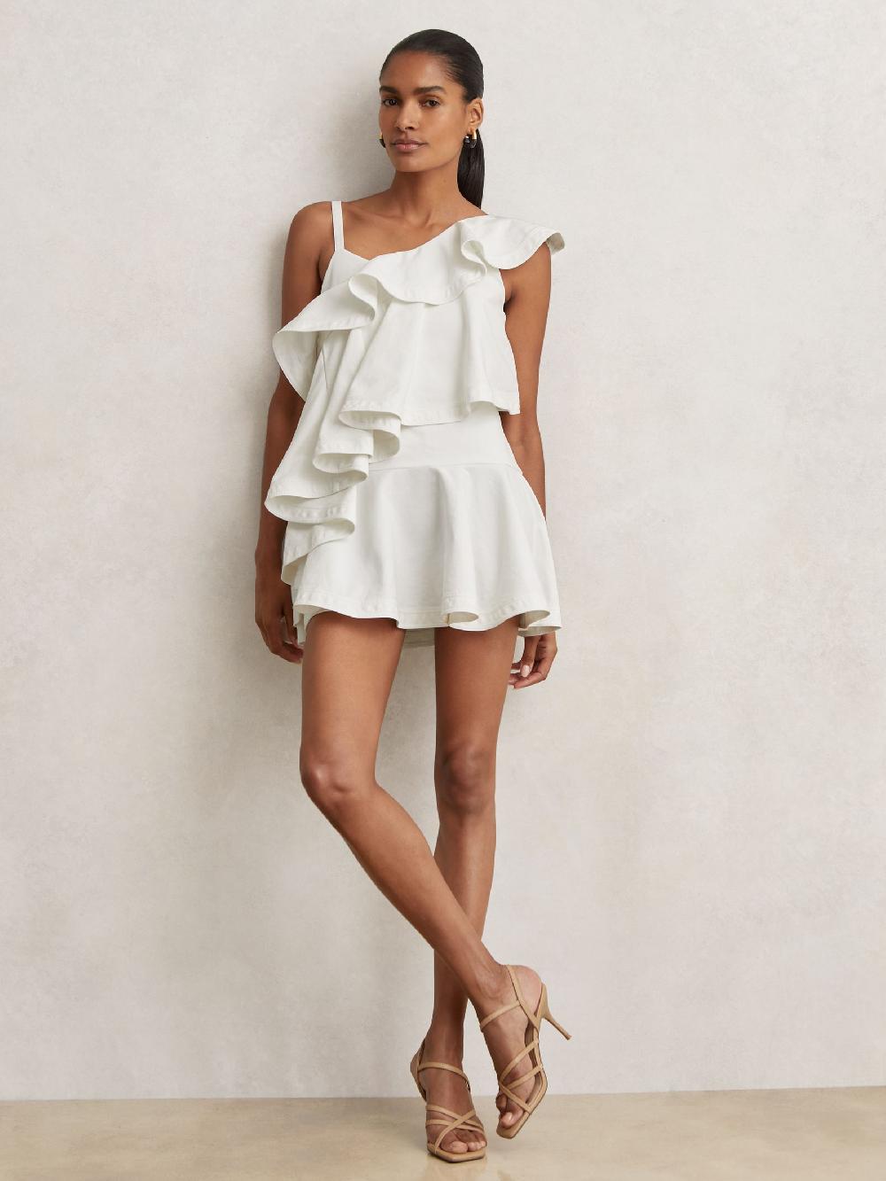 Reiss Cotton Tiered Ruffle Mini Dress In Ivory
